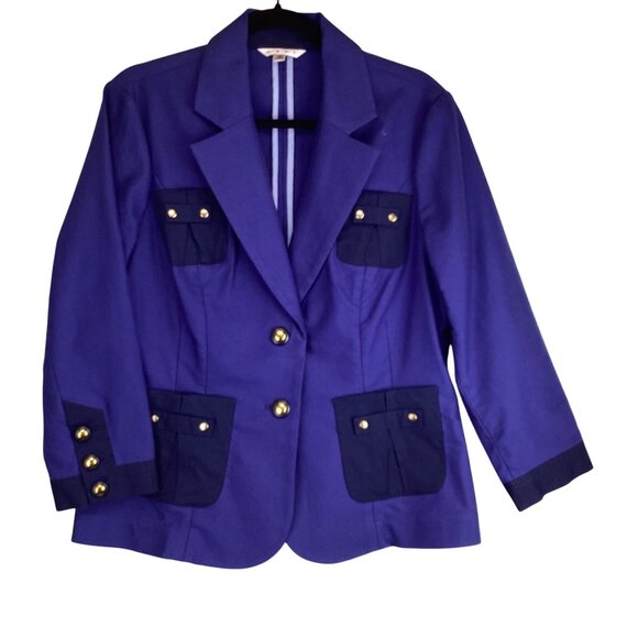Cabi Womens Blueberry Resort Button Blazer‎ Jacket Size 12 Blue & Gold Buttons - Picture 1 of 11